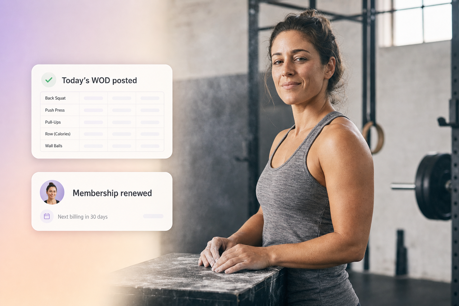 CrossFit box owner at chalk-dusted counter with floating WOD board and membership renewal UI cards