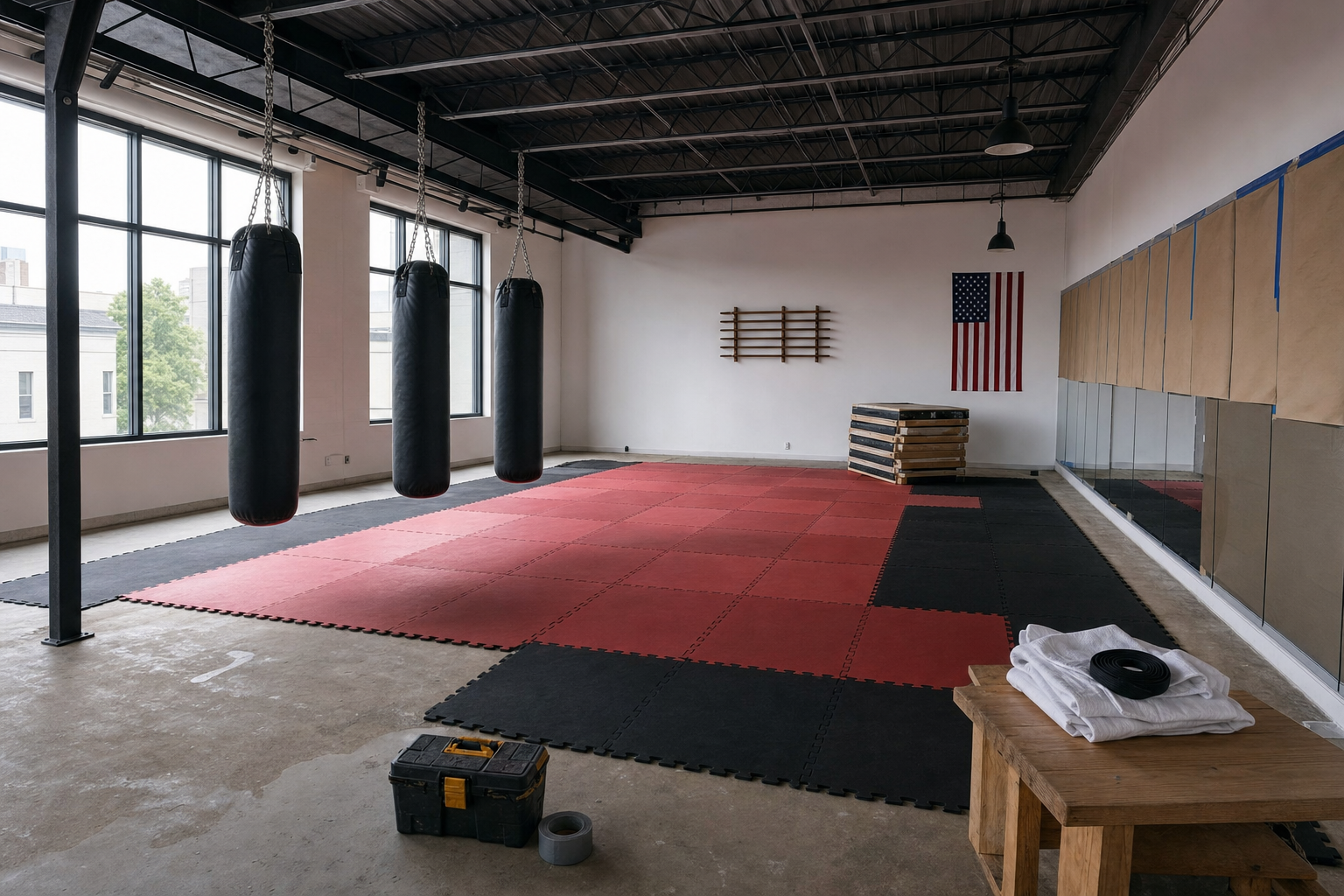 Empty boutique martial arts academy under renovation in the US, with tatami mats, heavy bags, and belt rack, no humans