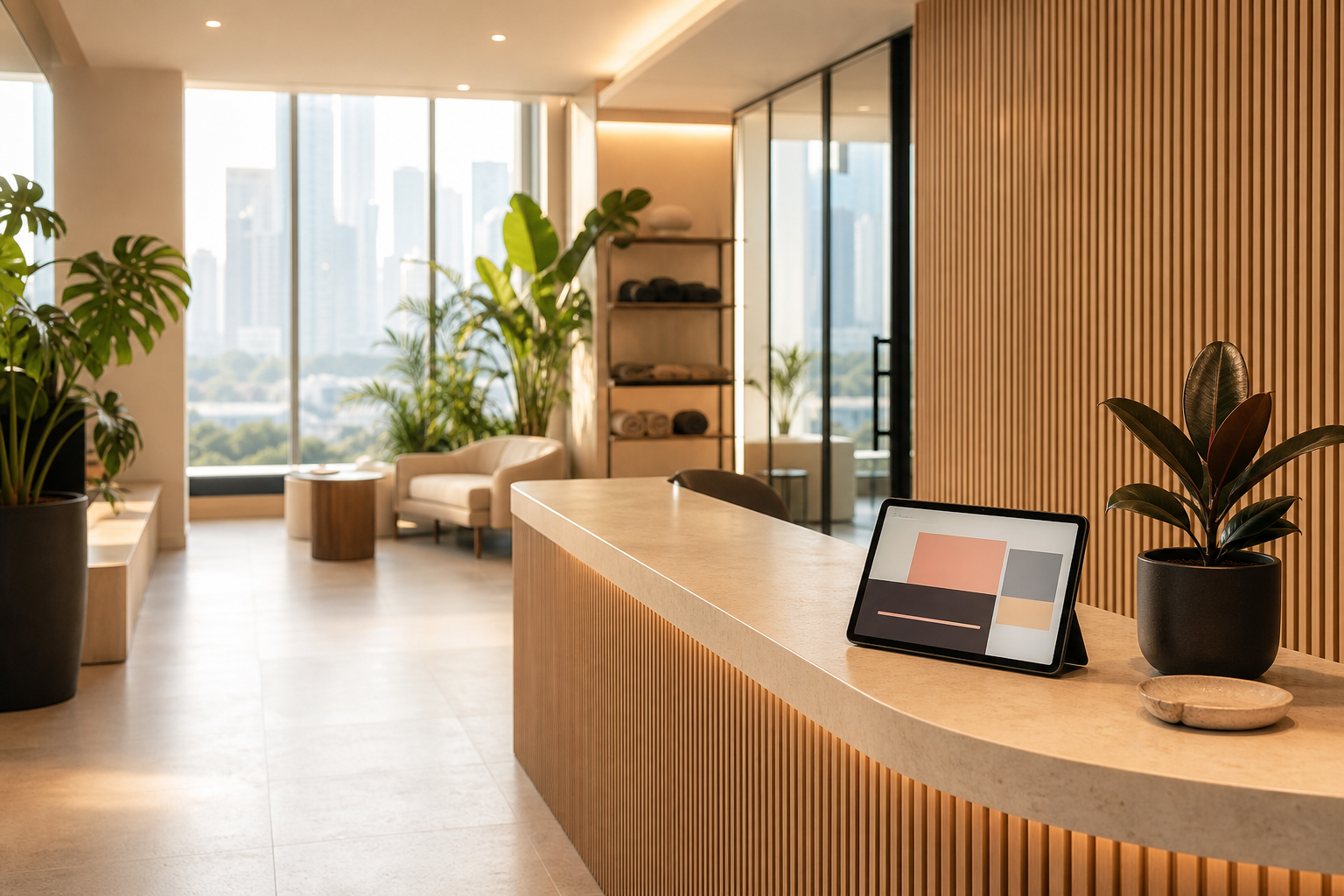 Photorealistic interior of a boutique Singapore fitness studio with clean lines, tropical plants, large windows letting in natural daylight, and a tablet on the front desk showing an abstract booking interface, no people in frame