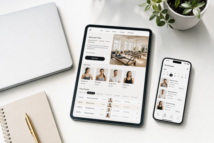 Flat-lay shot of an iPad showing a Vibefam appointment-booking flow with instructor cards next to an iPhone displaying an upcoming-classes schedule on a clean white desk with a closed laptop and notebook.