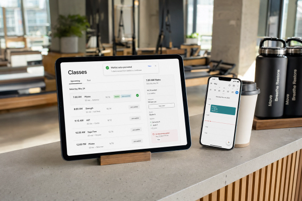 Vibefam waitlist auto-promotion flow — member cancels, next person on waitlist confirmed and added to the class roster, all without admin touch.