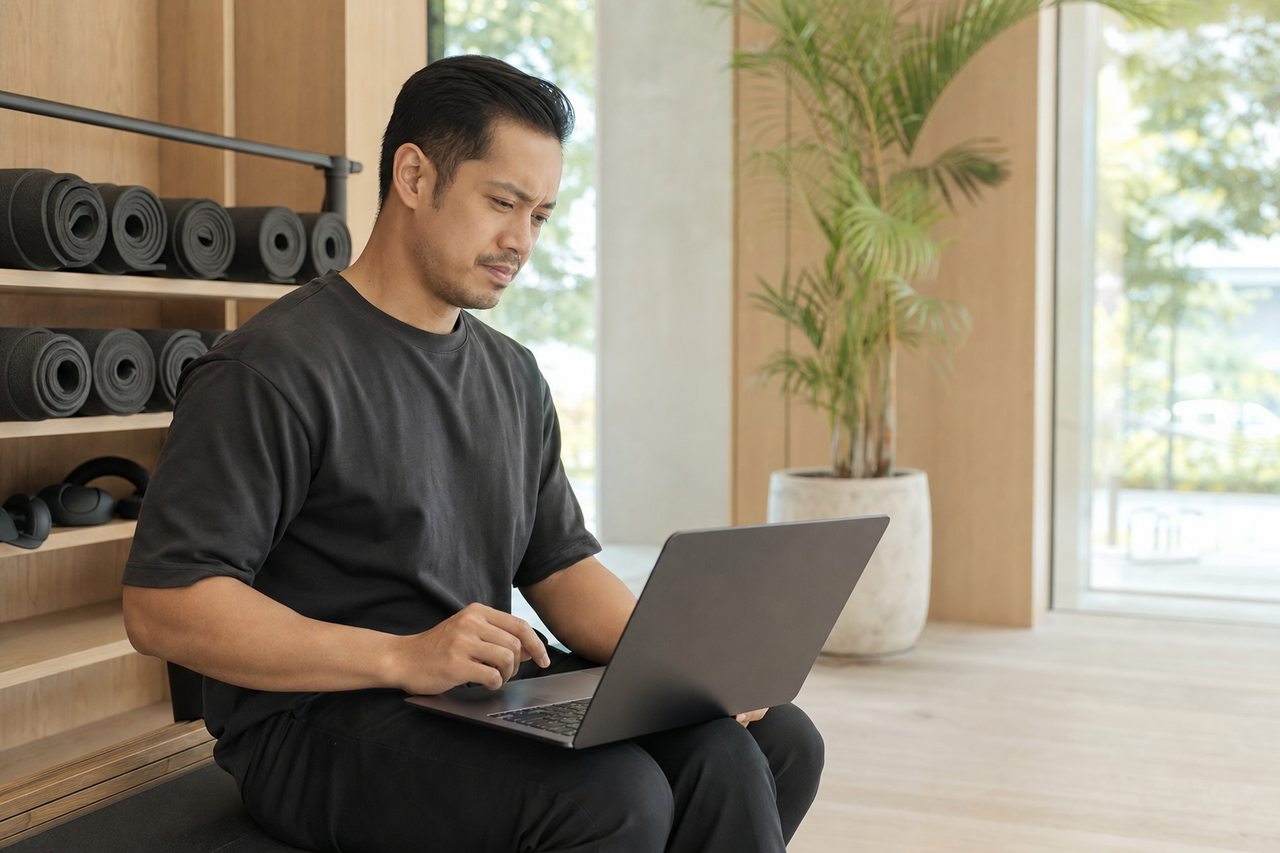 Boutique fitness studio owner in Malaysia sitting in his own studio, reviewing his studio website on a laptop