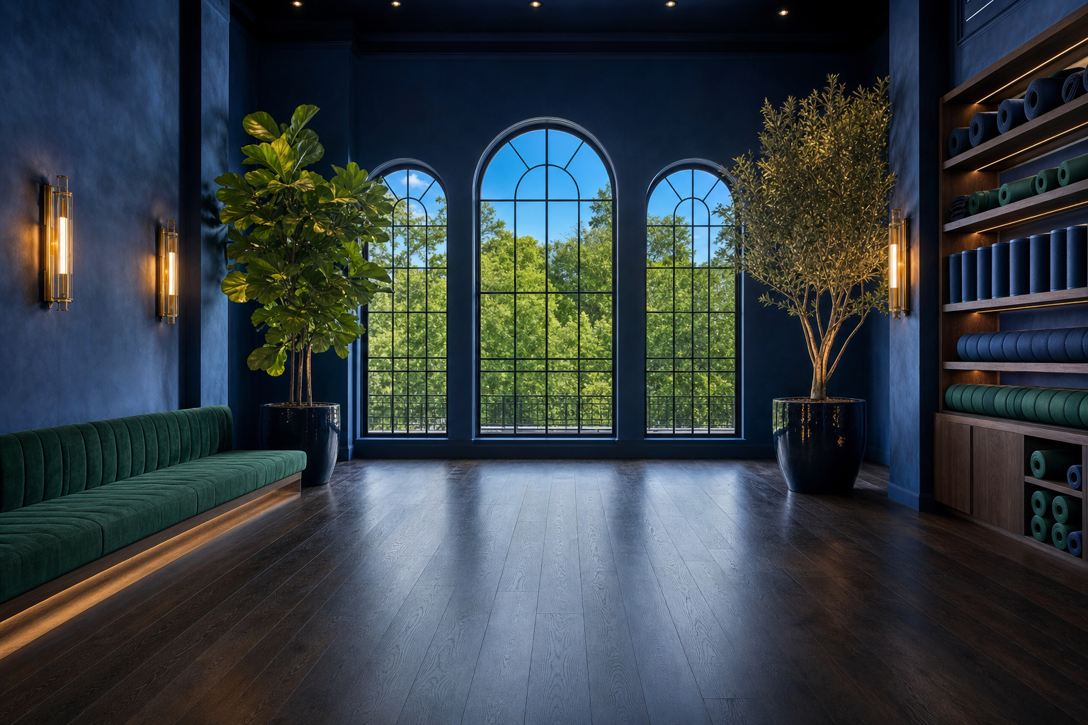 Boutique fitness studio interior with deep indigo walls, tall arched steel windows, dark smoked oak floor, an emerald bench and olive trees in bright daylight