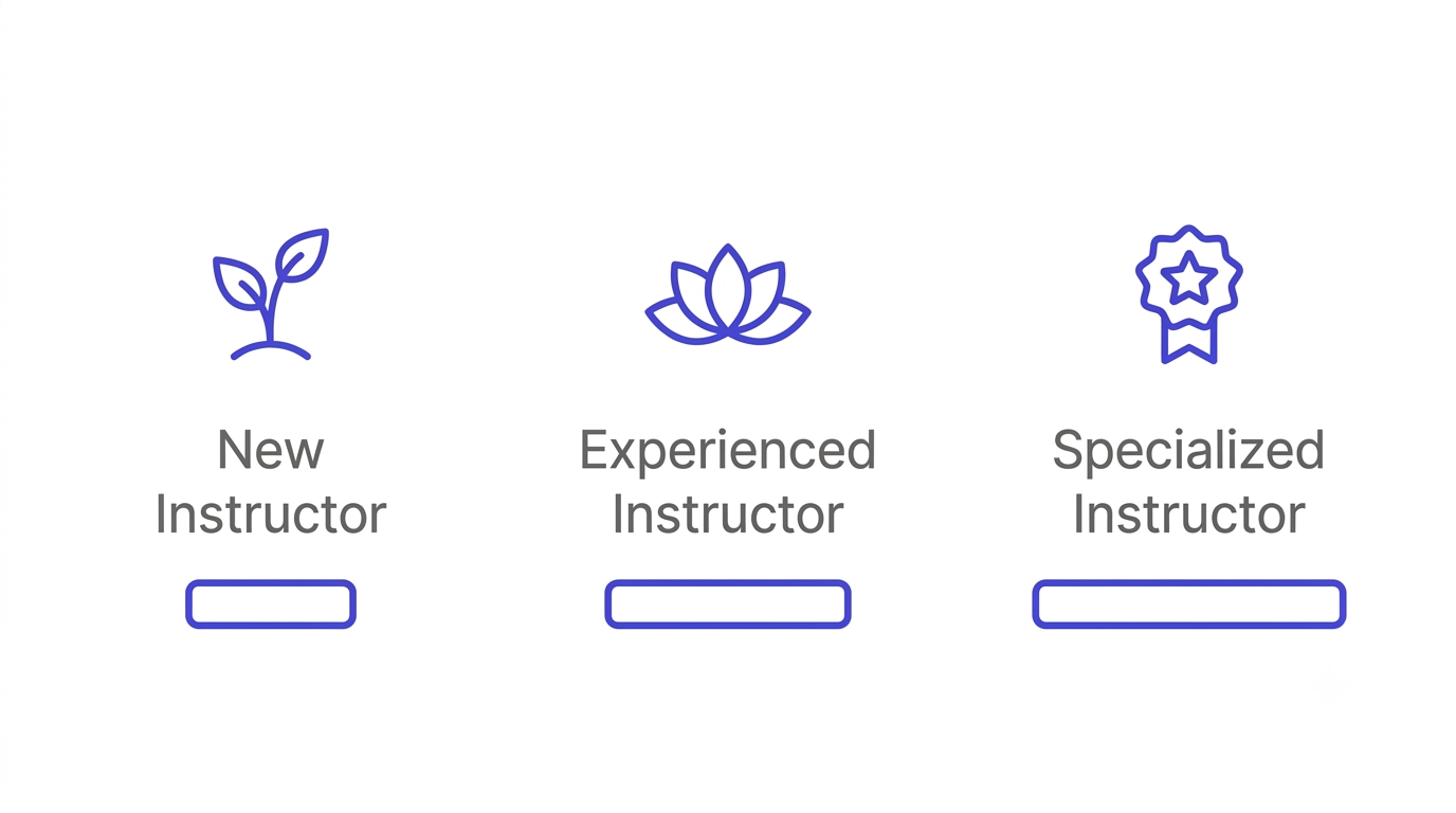 Icon graphic representing how yoga instructor pay per class varies by experience level, from new instructor to specialized instructor.