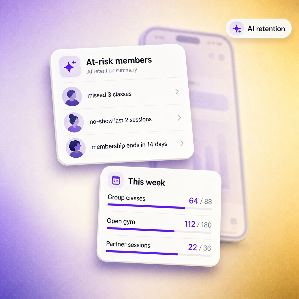 Floating AI retention card and class capacity card showing Vibefam features on a soft Vibefam-palette gradient backdrop