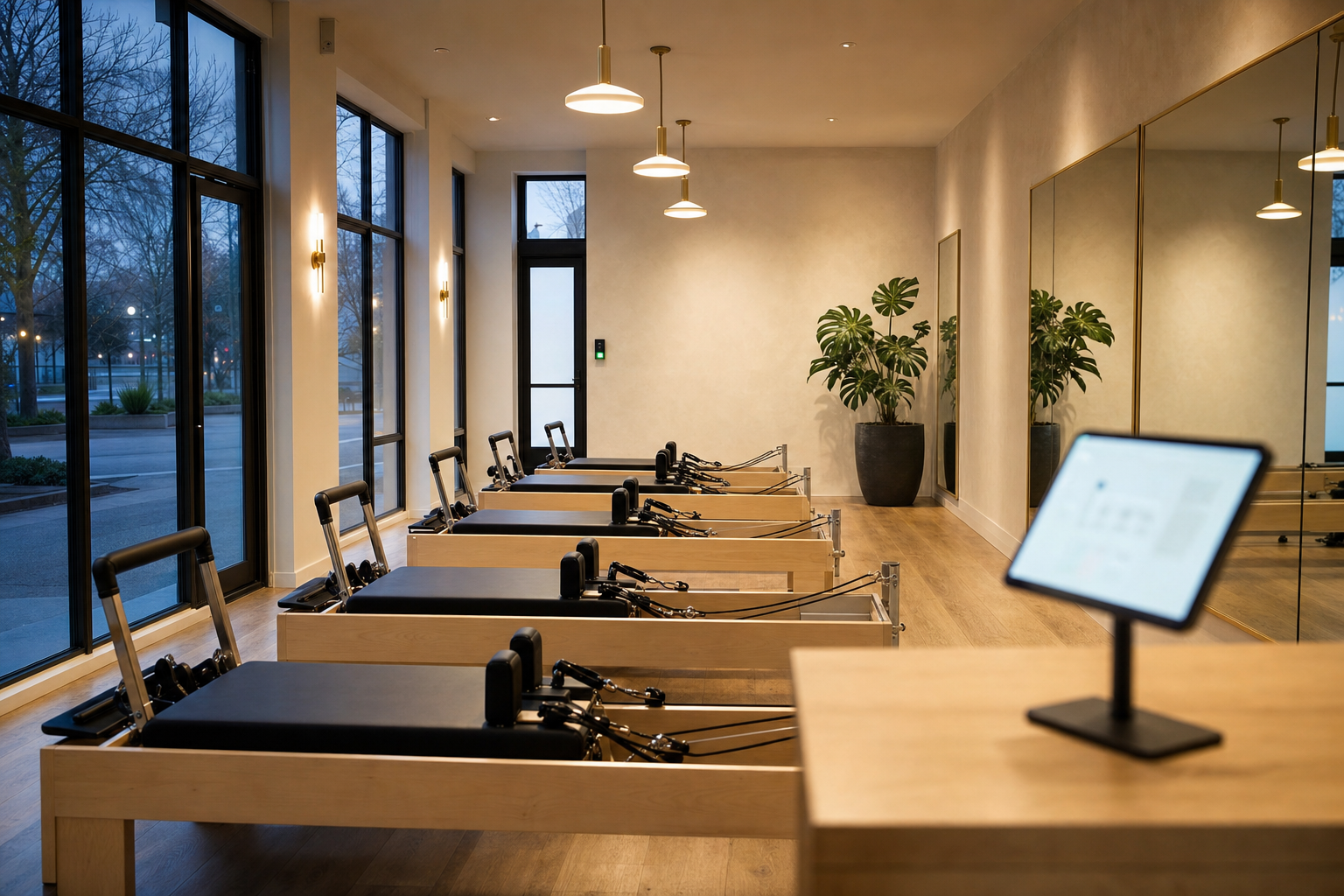 Empty boutique reformer Pilates studio at dawn with lights on, reformers set ready, a tablet glowing on the reception counter and a smart lock by the door