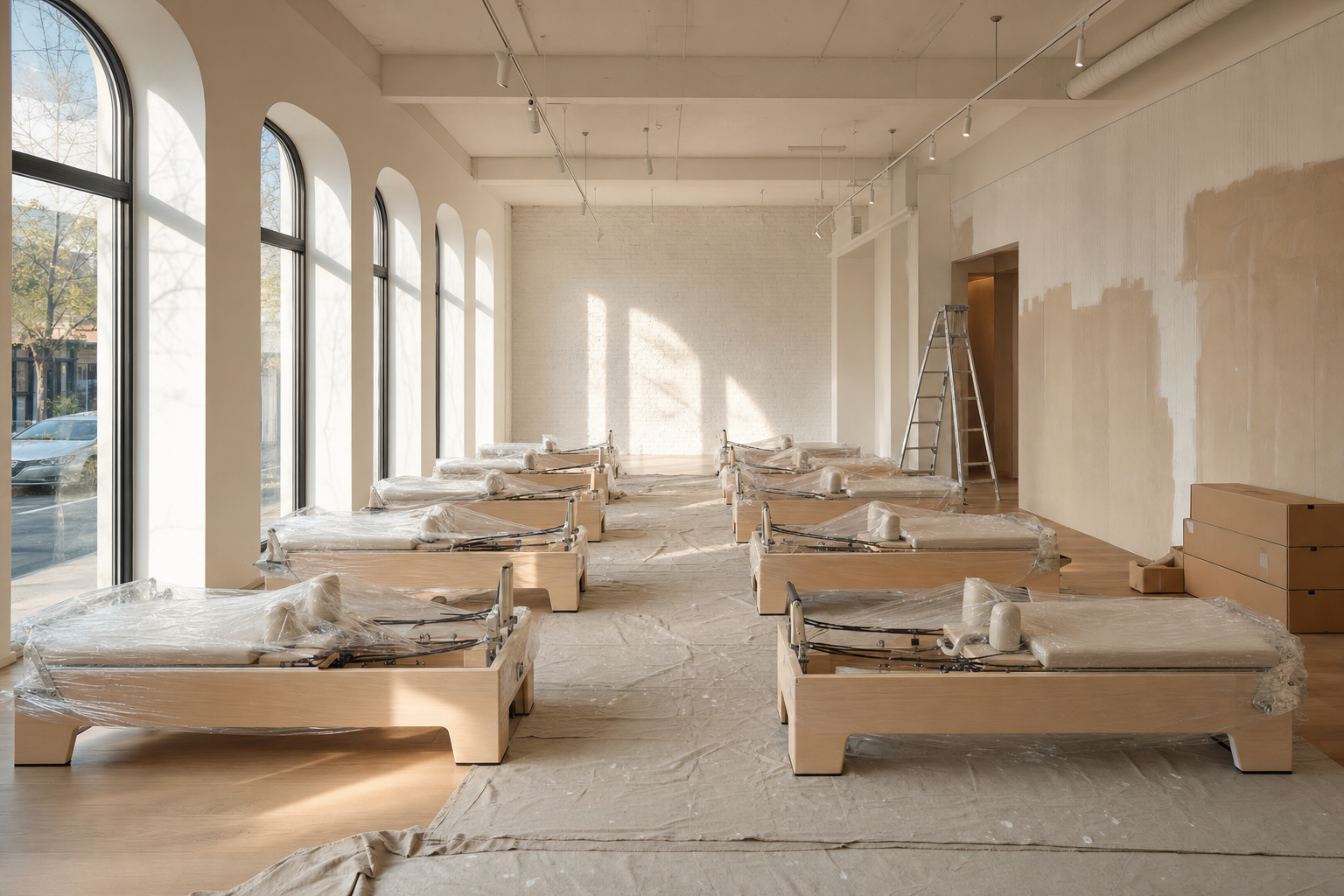 Empty boutique Pilates studio interior under renovation, US, with 8 Reformer machines and natural morning light
