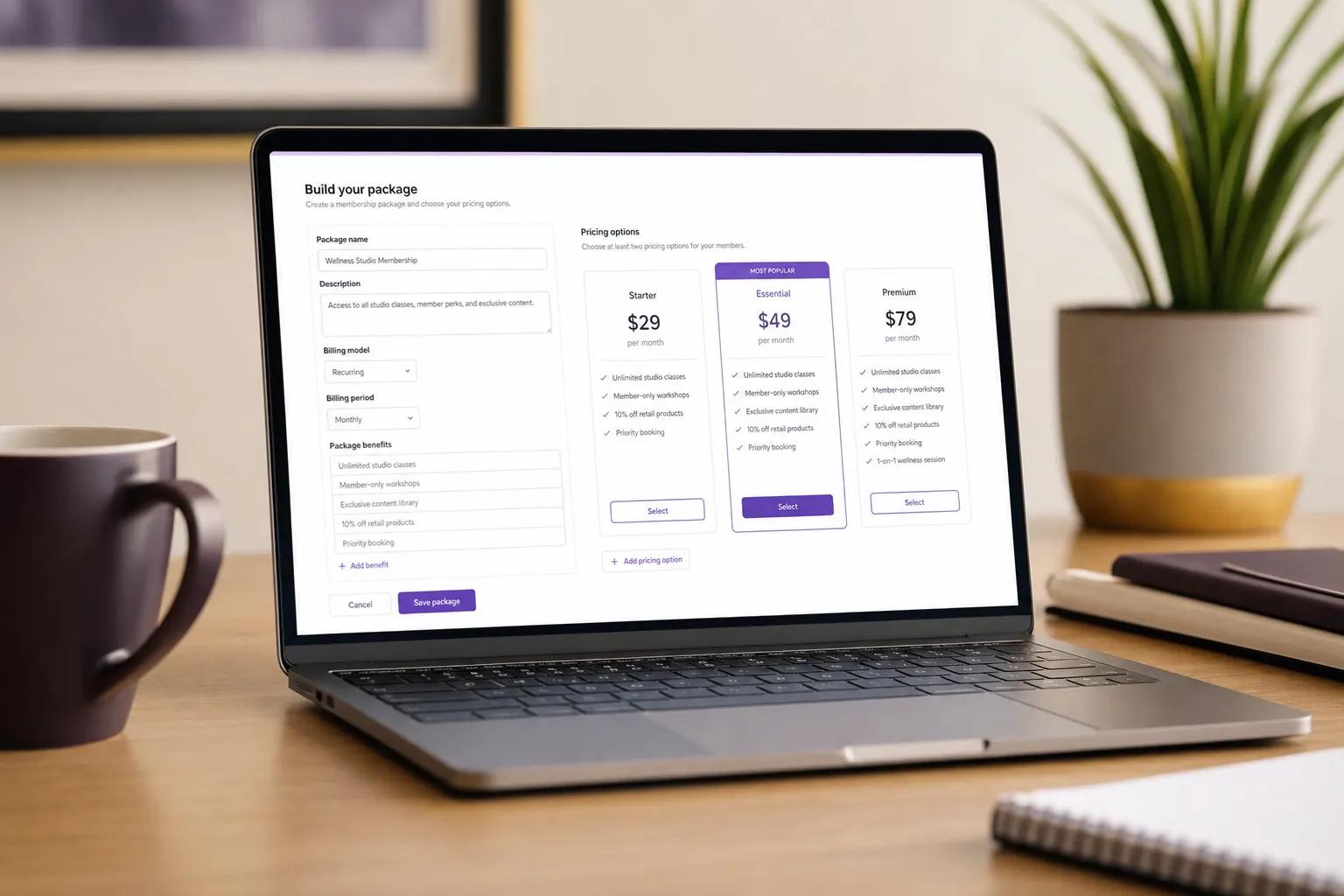 Configuring a class pack with custom expiry, pricing tiers, and billing cycle in Vibefam