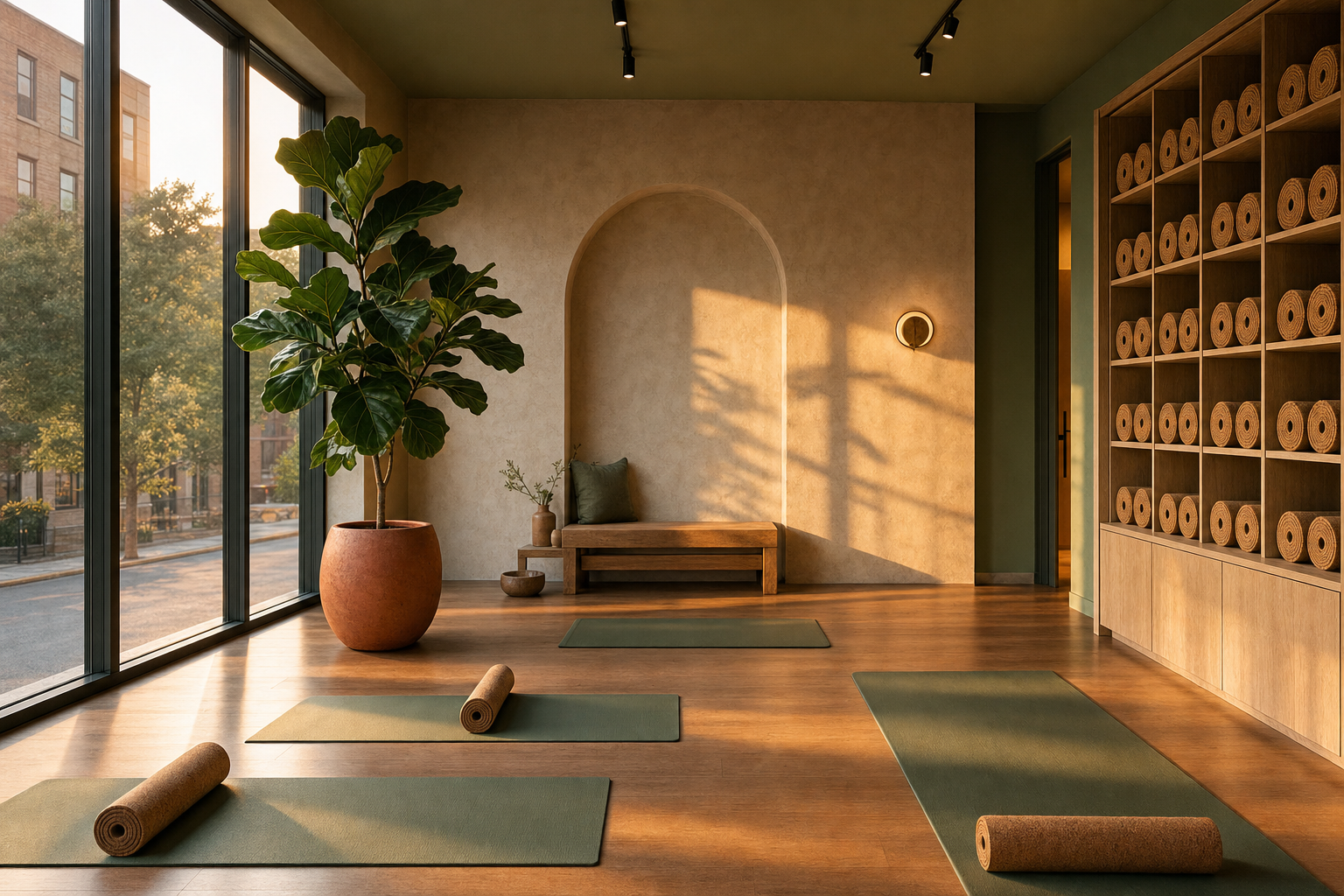 Contemporary boutique yoga studio interior at golden hour, warm terracotta and sage palette, oak floors with rolled cork mats, fiddle-leaf fig plant, floor-to-ceiling windows