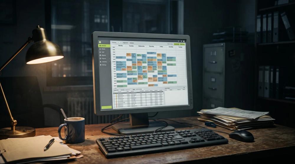 A dated legacy studio-scheduling application on an older office computer in a dim room