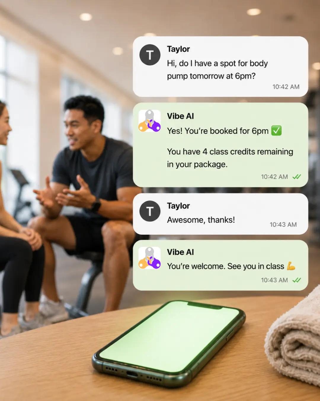 Vibe AI customer support agent for fitness studios instantly confirming a member's class booking by chat