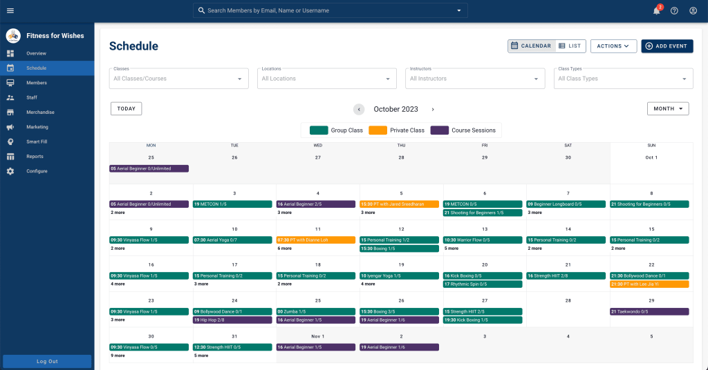 Vibefam fitness studio management dashboard