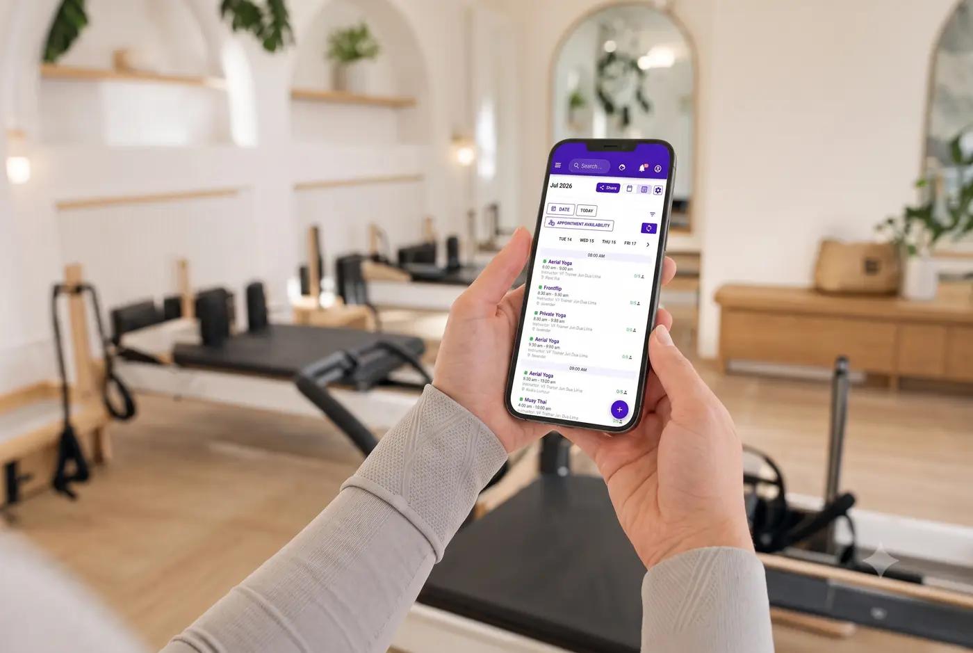 A studio's own branded Vibefam member app shown on a phone