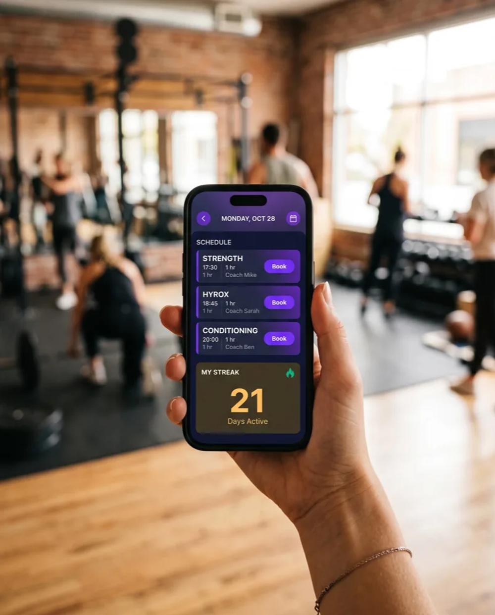 A member browsing a gym's branded app schedule with a class streak counter