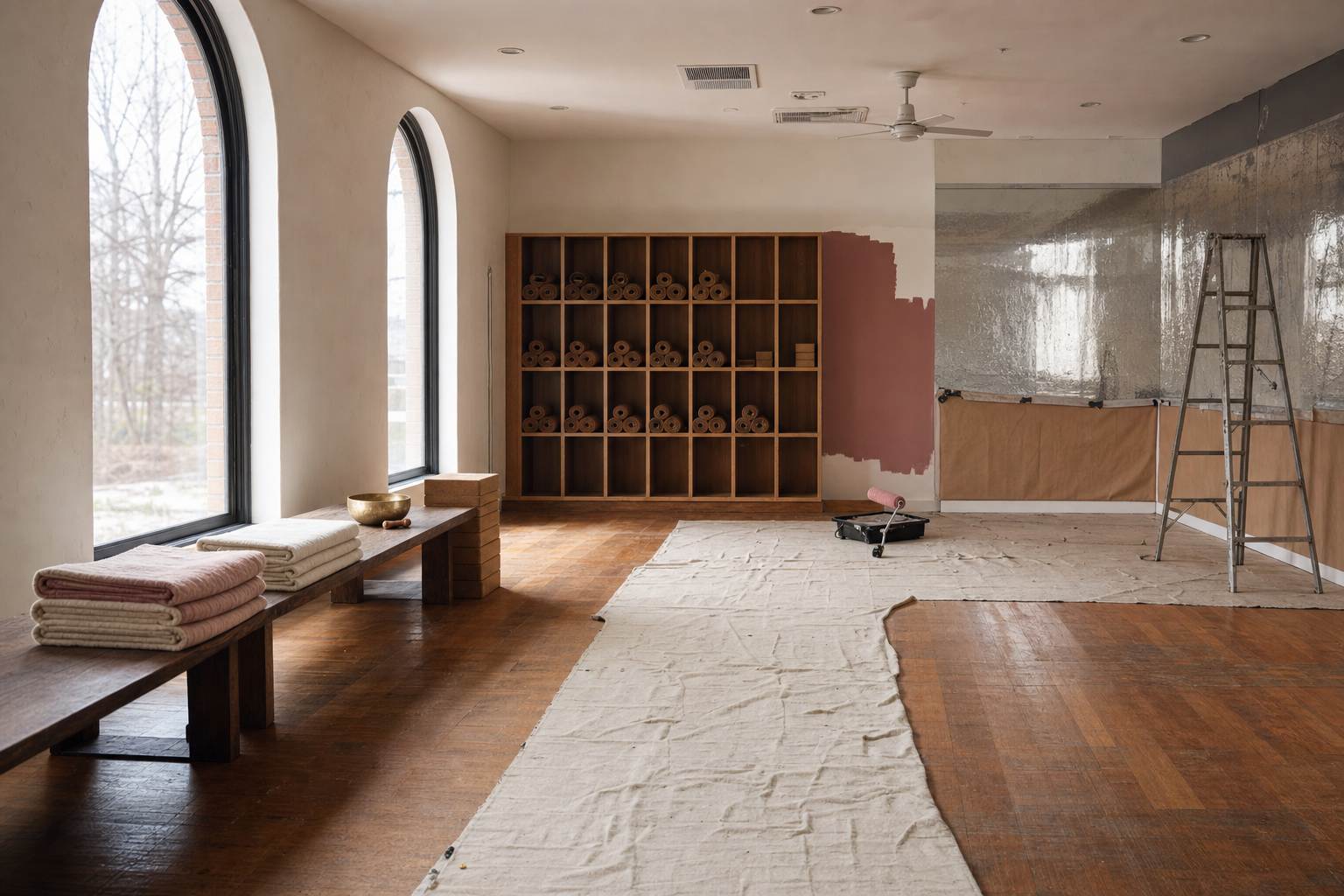 Empty boutique hot yoga studio under renovation in the US, with mats, props, and reflective wall insulation, no humans