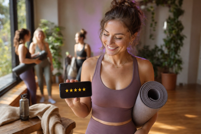 Member smiling at her phone after a yoga class, holding a yoga mat, soft natural lighting in a boutique yoga studio.