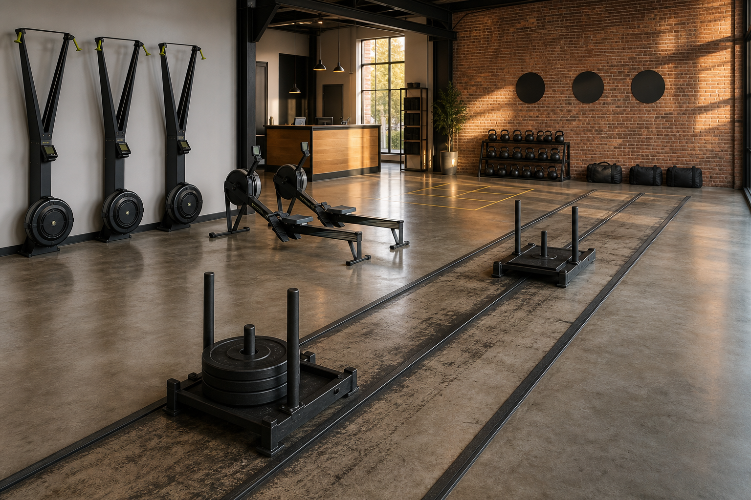 Operational boutique HYROX Training Club, SkiErgs, rower, sleds on track lane, kettlebells racked, wall-ball targets, no people
