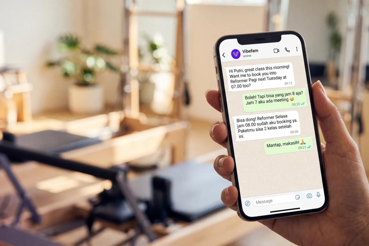 Pengingat kelas dan paket otomatis dari studio Pilates via WhatsApp di ponsel member