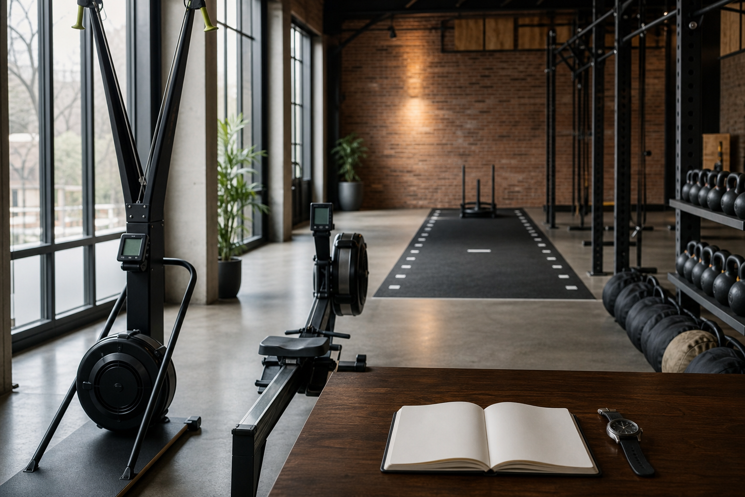 Empty HYROX-style functional fitness floor in 2026 with a row of SkiErgs, a sled lane marked with tape, kettlebells racked for farmer carries, sandbags stacked along the wall, and a 1 km running loop marker on the floor, lit by warm morning light through tall windows, no people in frame