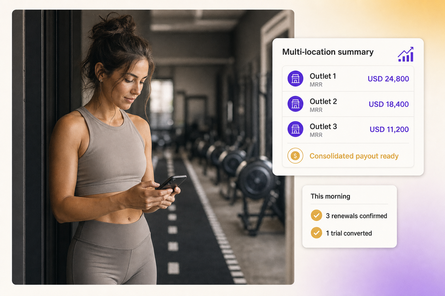 Hyrox-style gym operator reviewing multi-location MRR and renewal confirmations on a phone at the gym entry
