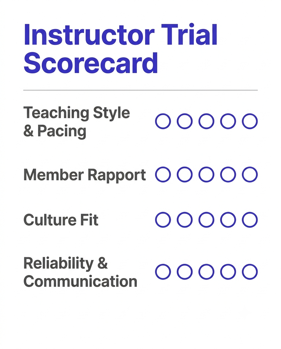 Scorecard template graphic for evaluating a fitness instructor candidate on teaching style, member rapport, culture fit, and reliability.