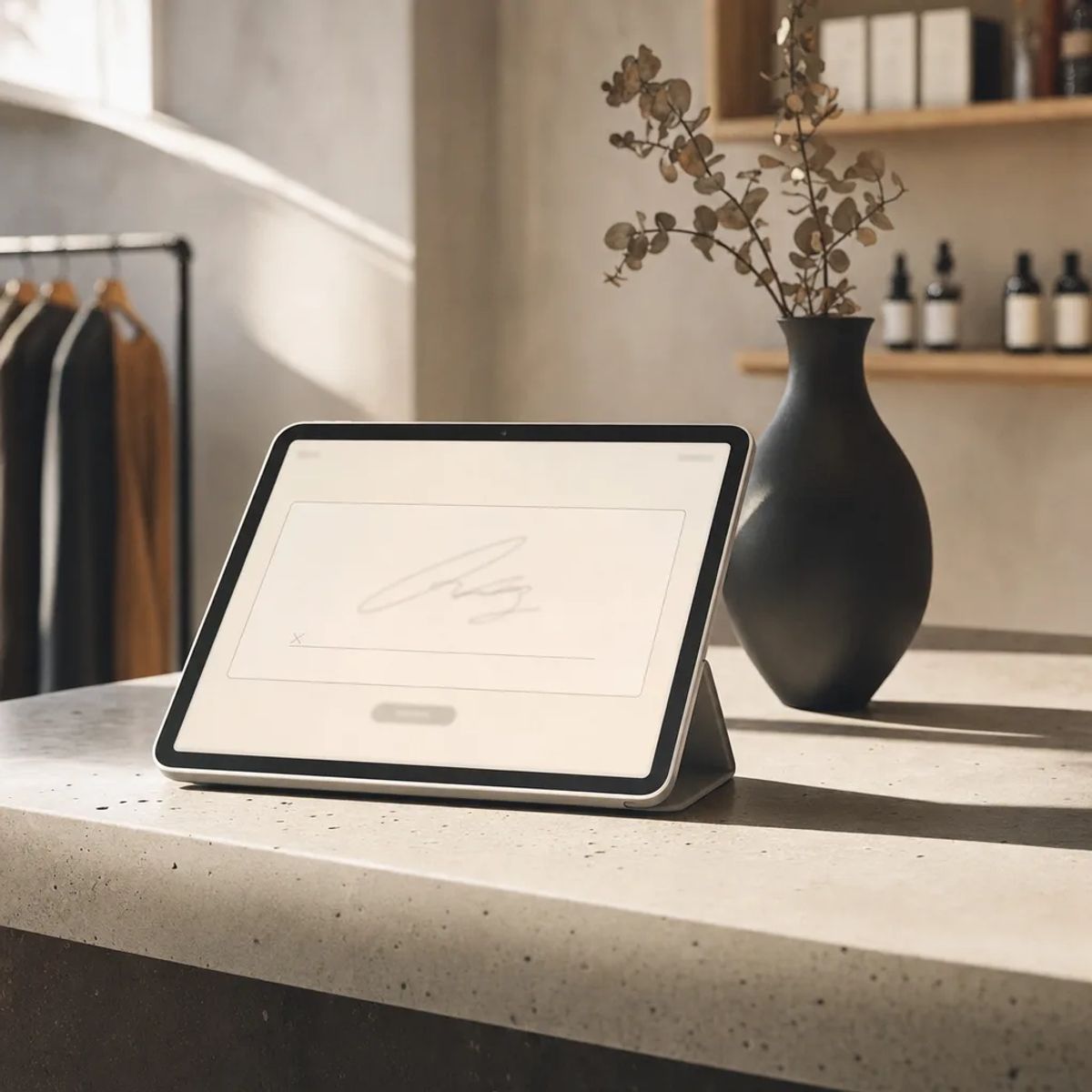 Modern tablet on a boutique studio front desk with a digital signature line, replacing paper waivers.