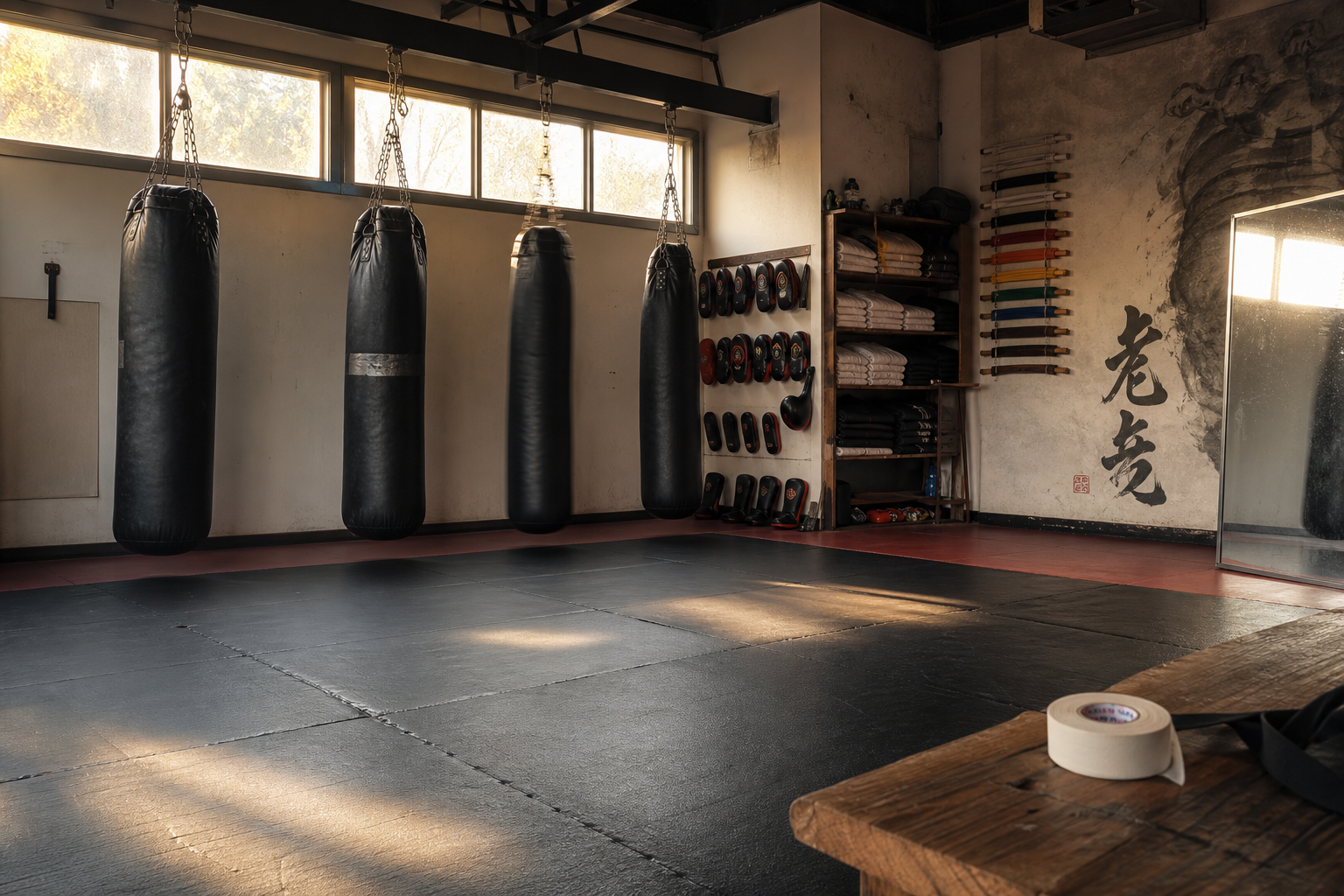 Martial arts academy interior with tatami mats, heavy bags, and focus mitts in warm afternoon light