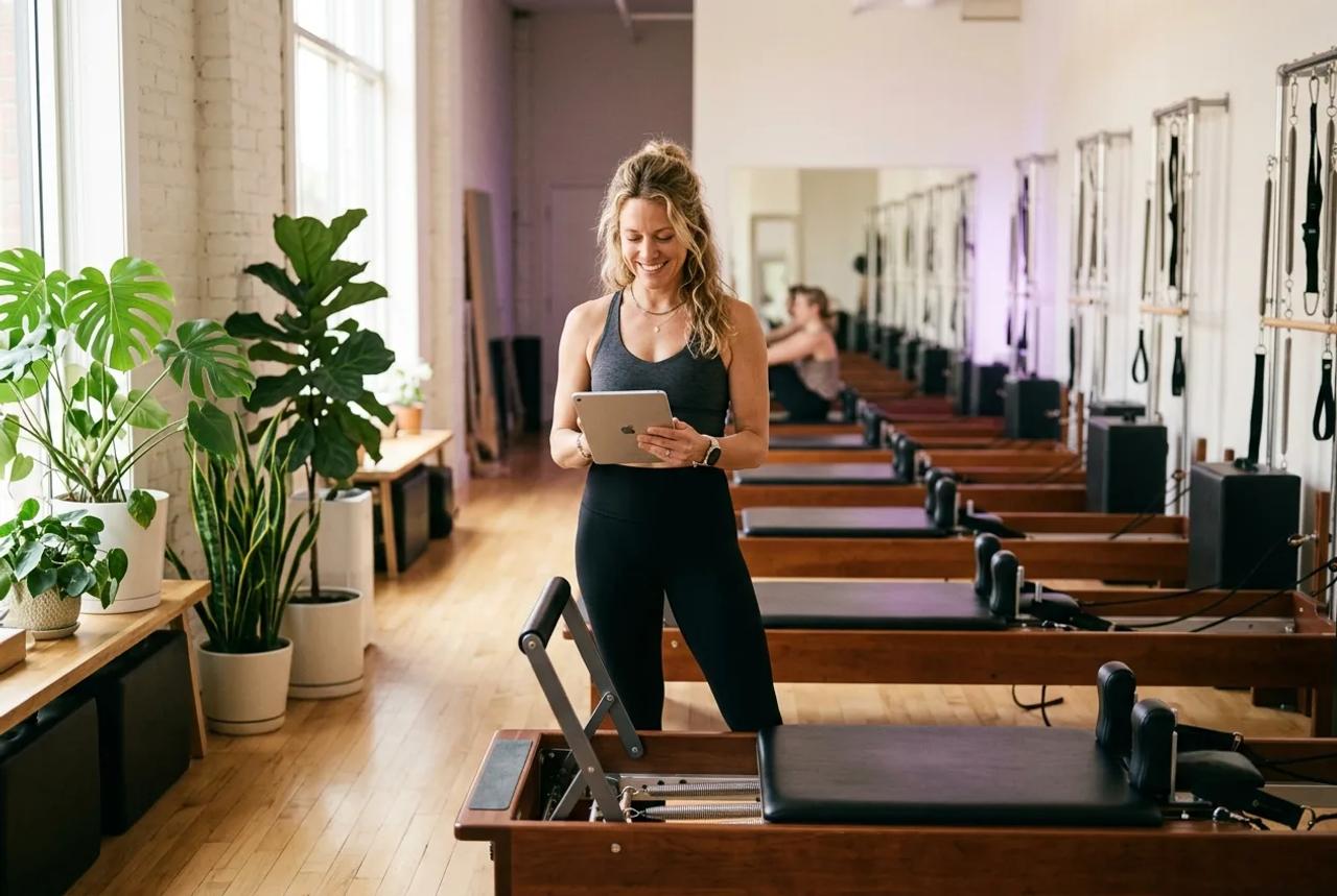 A Pilates studio owner managing her schedule on a tablet