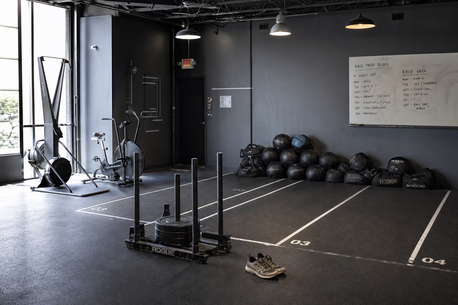 HYROX-style hybrid training studio with SkiErg, rower, sled track, sandbags, and wall balls