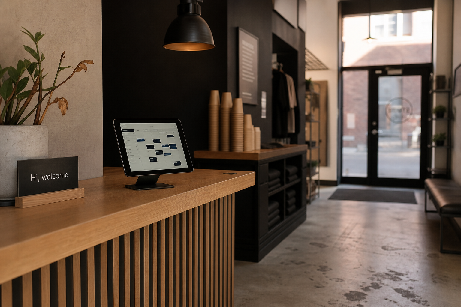 Modern boutique studio reception with a tablet-based check-in setup and minimalist aesthetic