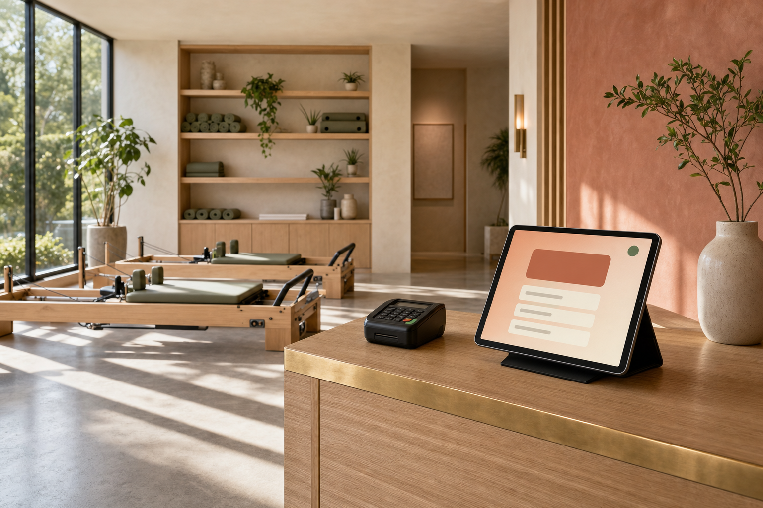Boutique Pilates studio reception with card reader and tablet on an oak-and-brass counter, tablet showing an abstract payment checkout UI, reformers in the background, warm morning light