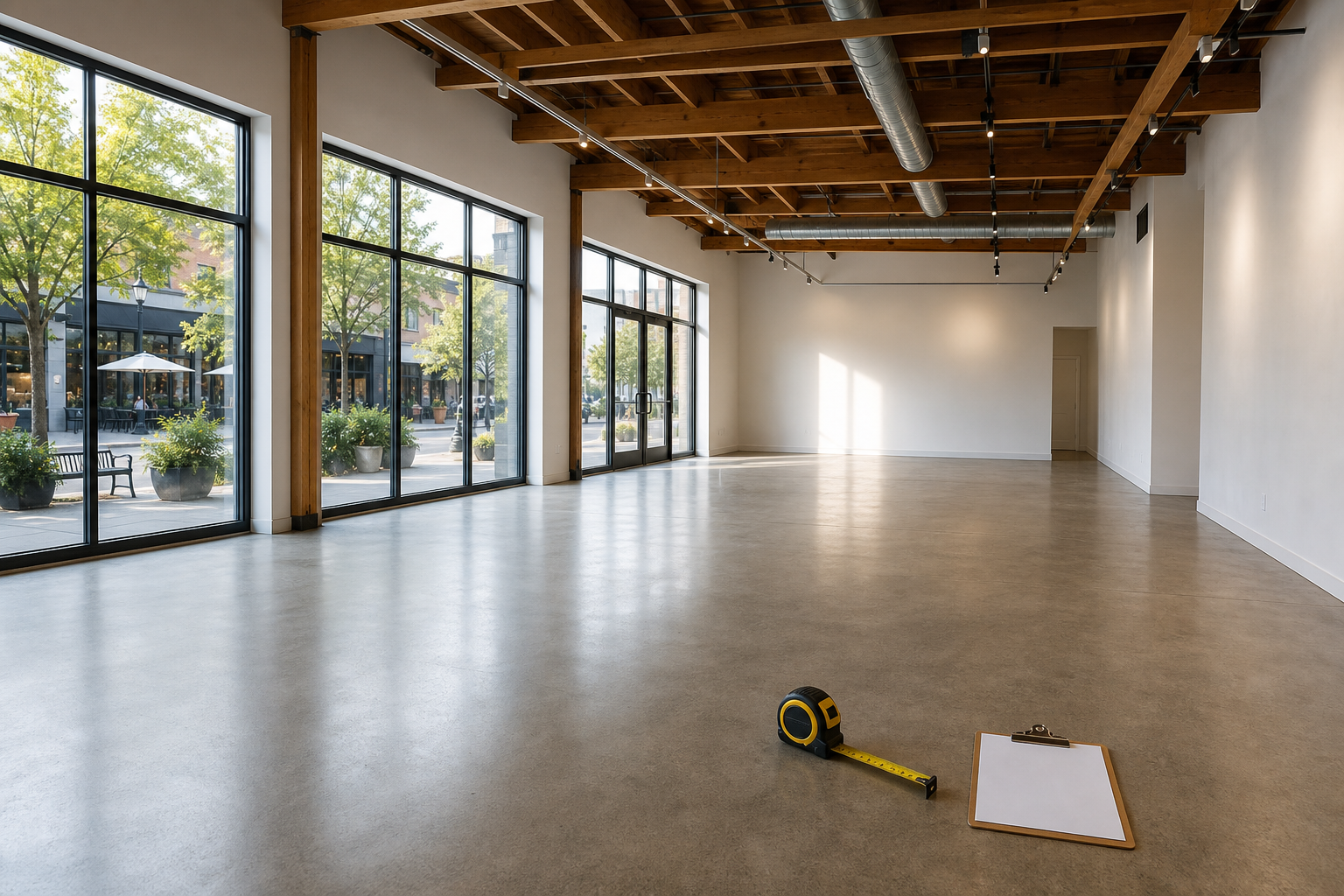 Empty boutique Pilates studio interior with high ceilings, polished concrete floor, floor-to-ceiling storefront windows facing a quiet retail corridor at dusk, no humans