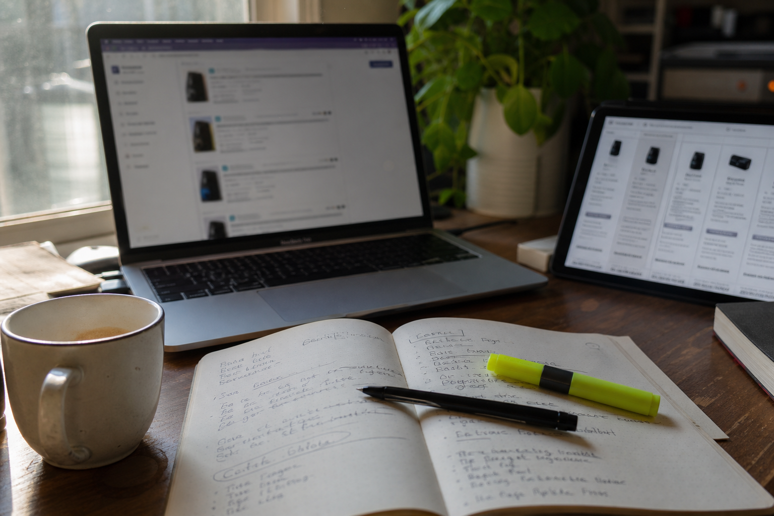 Studio operator desk during daytime software research with laptop, comparison view, notebook and coffee