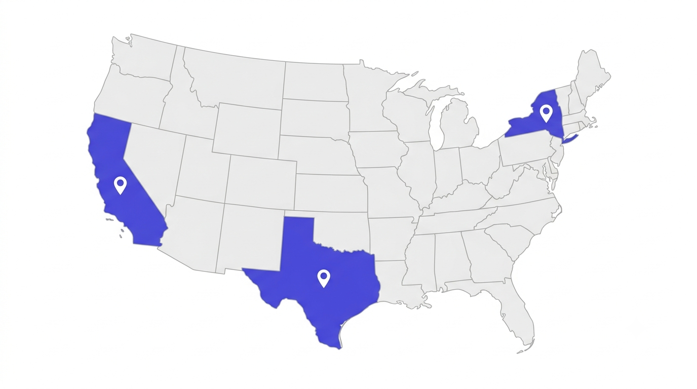 Map of the United States highlighting Texas, New York, and California, states with dedicated yoga instructor certification guides.