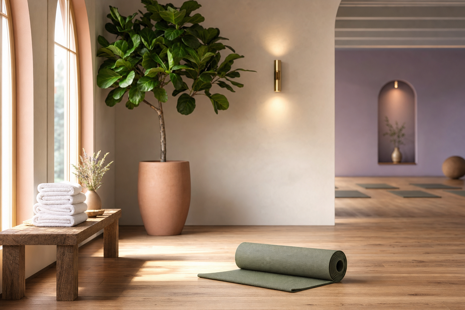 Warm boutique yoga studio interior with a rolled sage yoga mat, wooden bench and fiddle-leaf plant in morning light