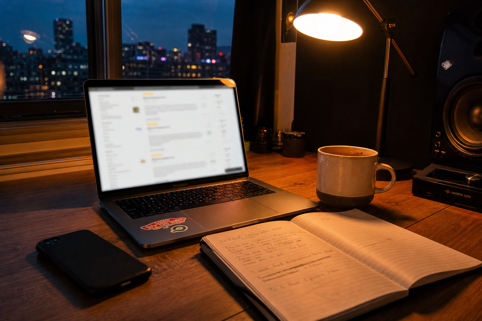 Studio operator desk during evening software research, with a laptop showing a blurred forum thread, a notebook of comparison notes, and a warm desk lamp