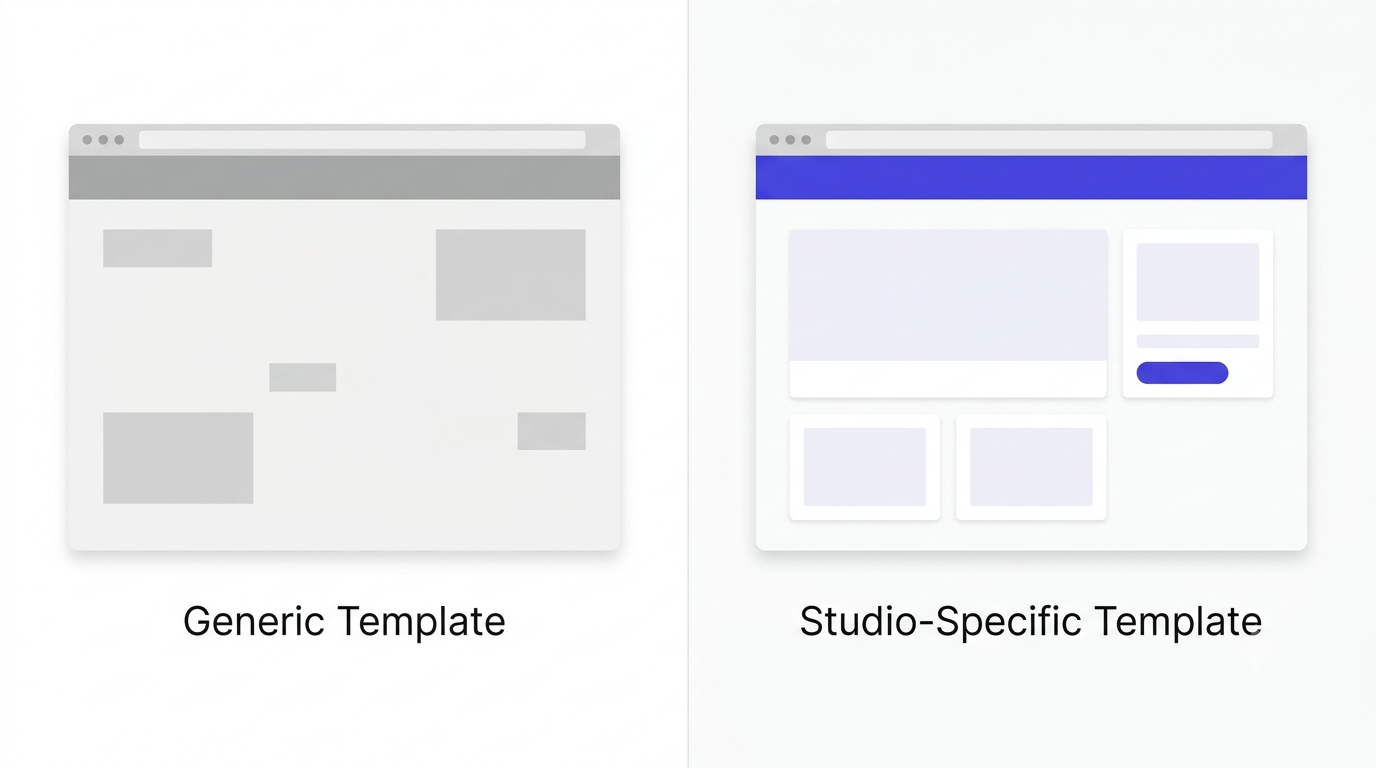 Side-by-side comparison of a generic blank-template website layout versus a polished studio-specific website layout.
