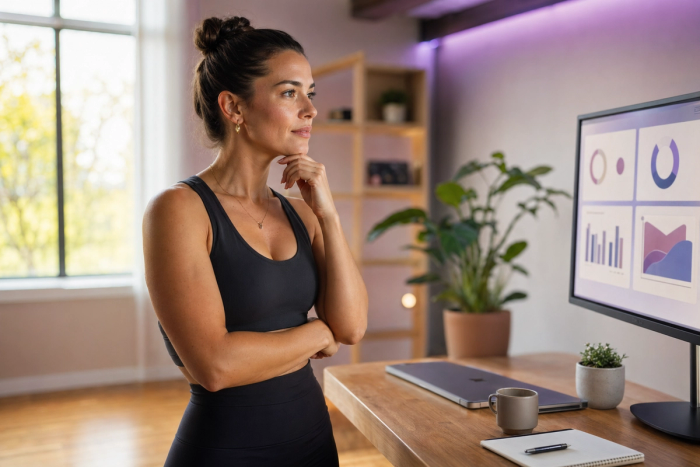 Boutique fitness studio owner studying a large monitor showing a generic business analytics dashboard in a clean modern back-office space.