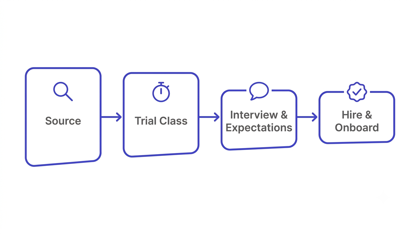Diagram showing the four stages of hiring a studio instructor: source, trial class, interview and expectations, hire and onboard.