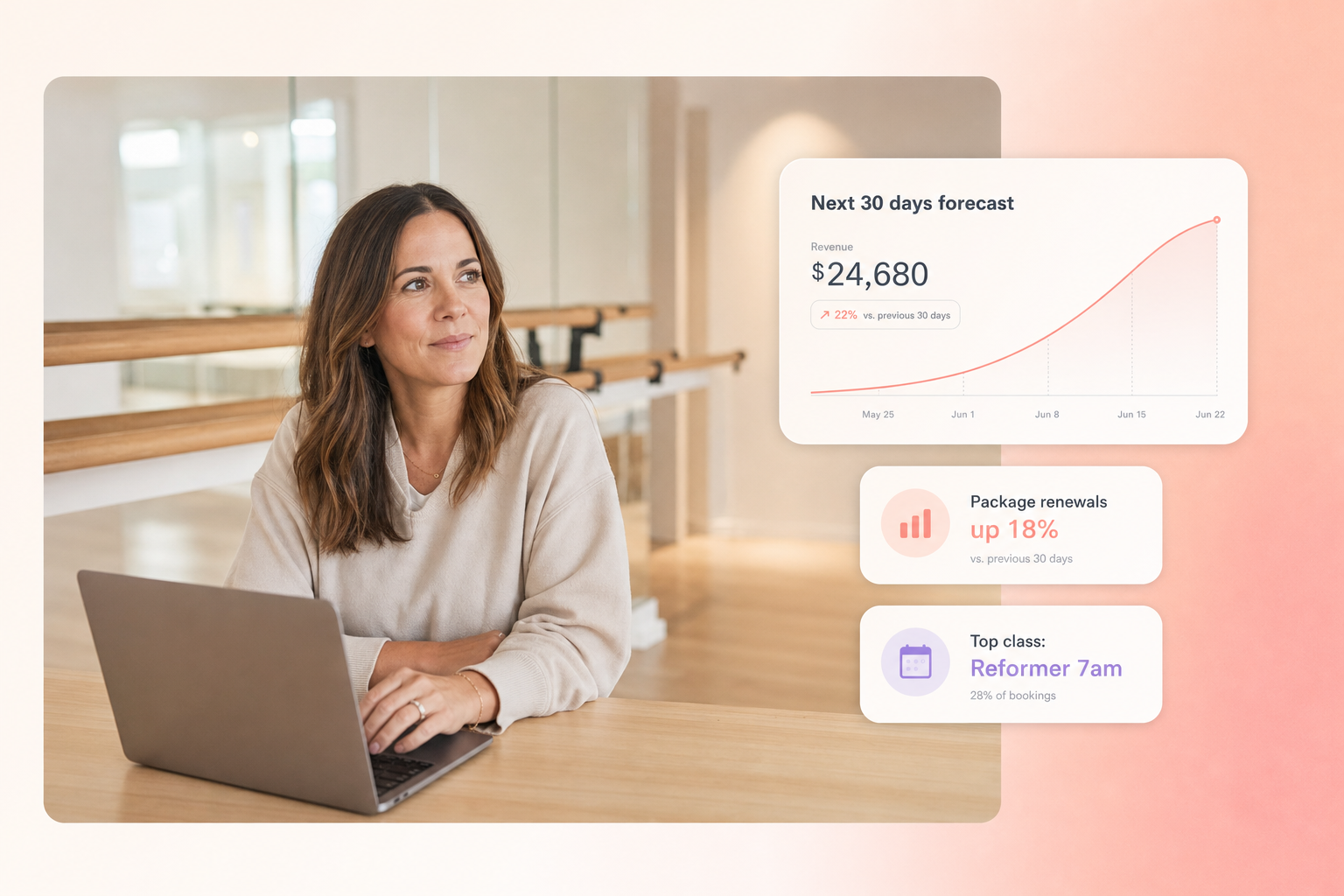 Boutique barre studio owner reviewing a 30-day revenue forecast and package renewal cards on a laptop
