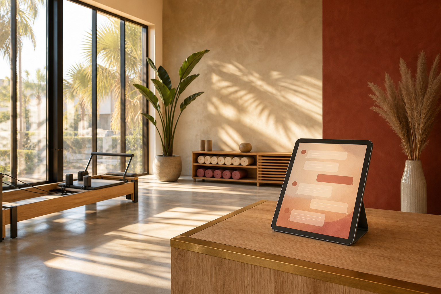 Photorealistic LA-modern boutique yoga and pilates studio at golden hour with warm sand-toned walls, polished concrete floors, palm-frond shadows across one wall, a Reformer Pilates bed in the background, and a reception counter with a tablet showing an abstract forum-thread interface. No people present.