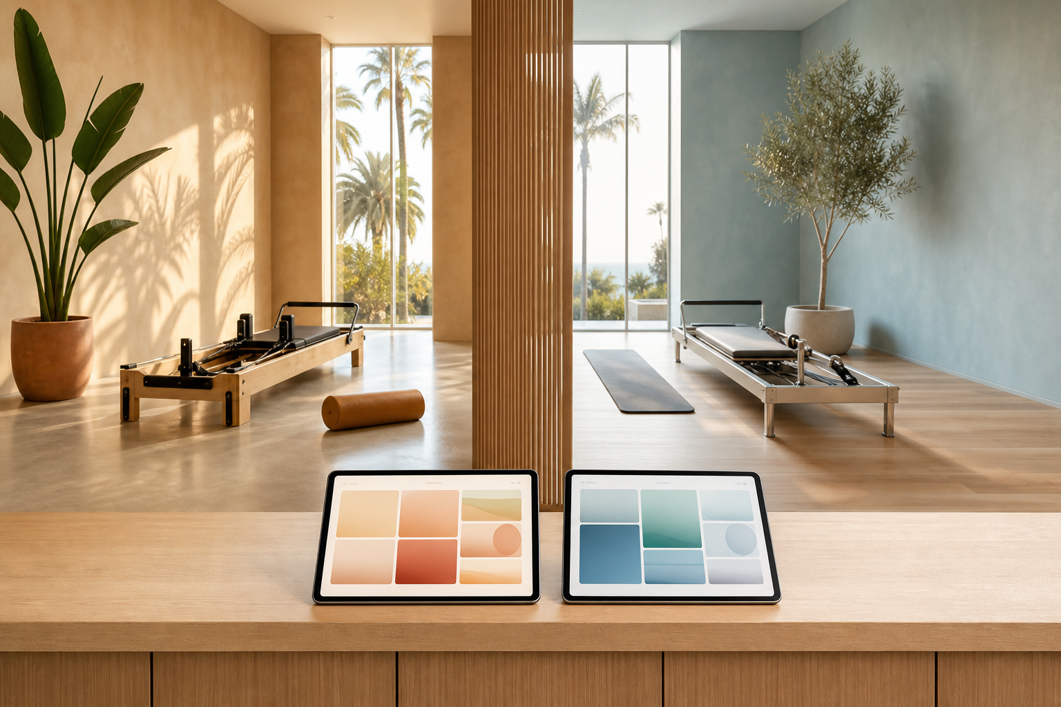 Photorealistic interior of a modern boutique yoga and pilates studio at golden hour with two contrasting design zones suggesting a side-by-side platform comparison, polished wood floors, a Reformer Pilates bed in one zone and a row of yoga mats in the other, a long reception counter with two tablets showing different abstract platform interfaces, warm afternoon light through tall windows, no people present.