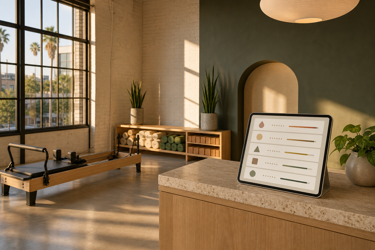 Photorealistic modern boutique fitness studio interior at golden hour with sage green walls, exposed brick accents, a row of Reformer Pilates beds in the background, and a reception desk with a tablet showing an abstract product-scorecard interface. Warm afternoon light through tall windows. No people present. Design-first AI-native aesthetic.