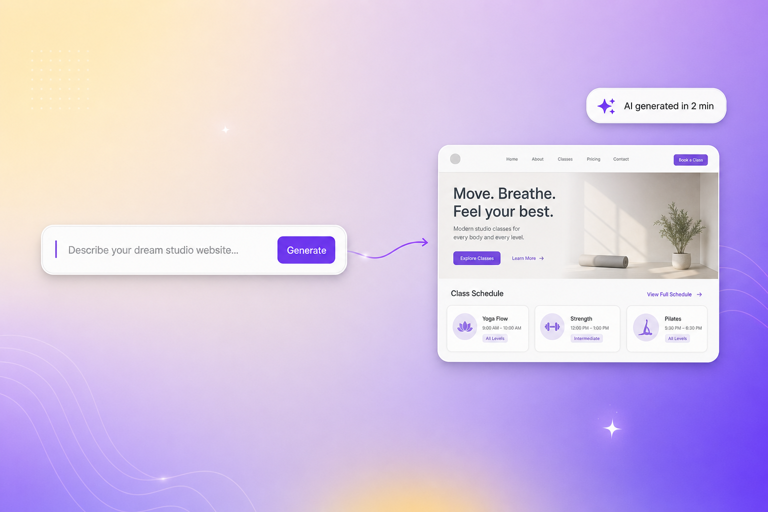 AI Website Builder generating a studio site from a natural-language brief