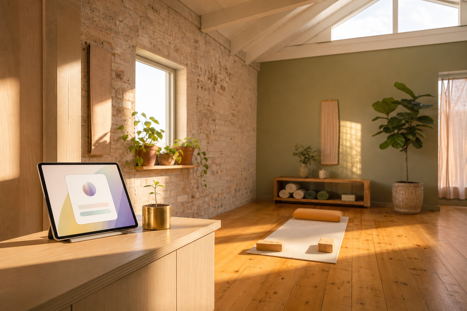 Photorealistic intimate solo-practitioner yoga studio interior at golden hour, no humans, warm Minneapolis-modern aesthetic with honey-pine floor and sage walls, tablet on counter showing a simple booking interface.