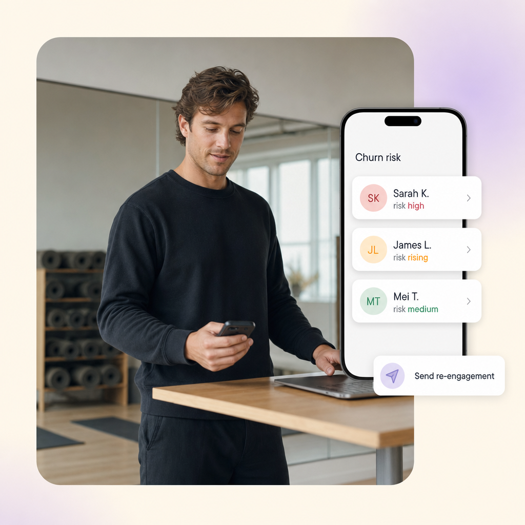 Boutique yoga studio manager reviewing an at-risk member churn-risk list on a smartphone