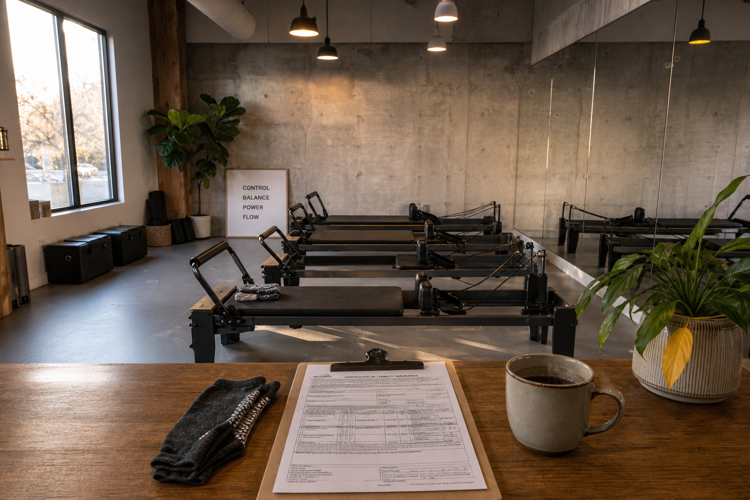 Boutique Pilates studio interior with reformer beds in a row, a wooden counter with a printed insurance certificate form on a clipboard, mirror wall reflecting the reformers, and warm afternoon light