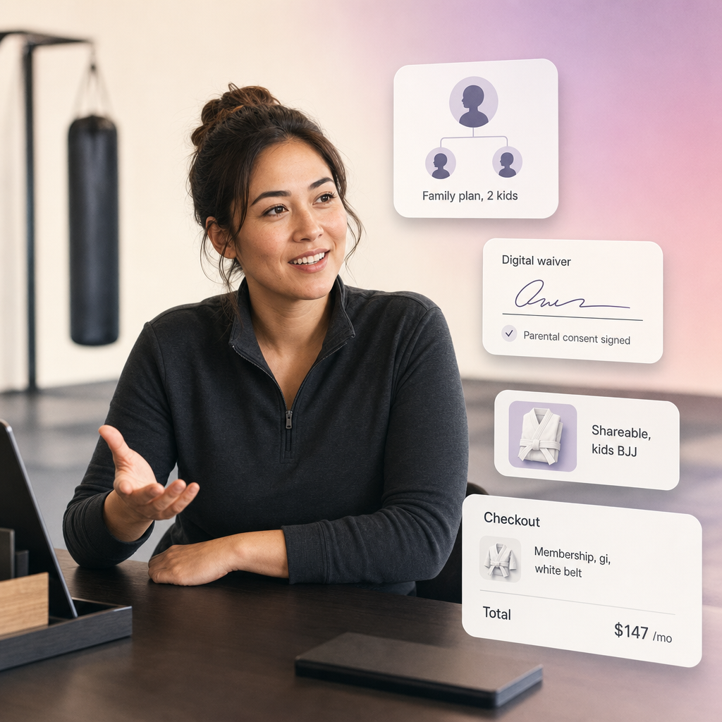 Martial arts academy front-desk lead at a small modern desk with floating UI cards showing family plan, parental consent waiver, shareable kids BJJ package, and checkout summary