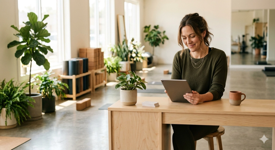 A boutique studio owner relaxed at her reception desk while Vibe AI handles member chats