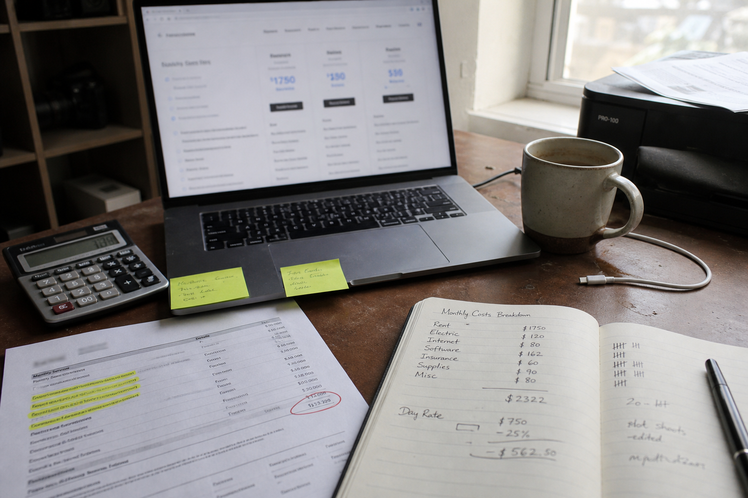 Studio operator desk during pricing research, with a laptop showing a comparison view, a printed invoice with highlighted line items, a calculator, and a coffee mug